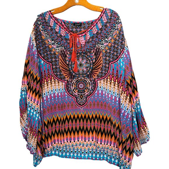 Tolani 100% Silk Geometric Mandala Blouse Colorful Bohemian Artsy 3X - Picture 1 of 11